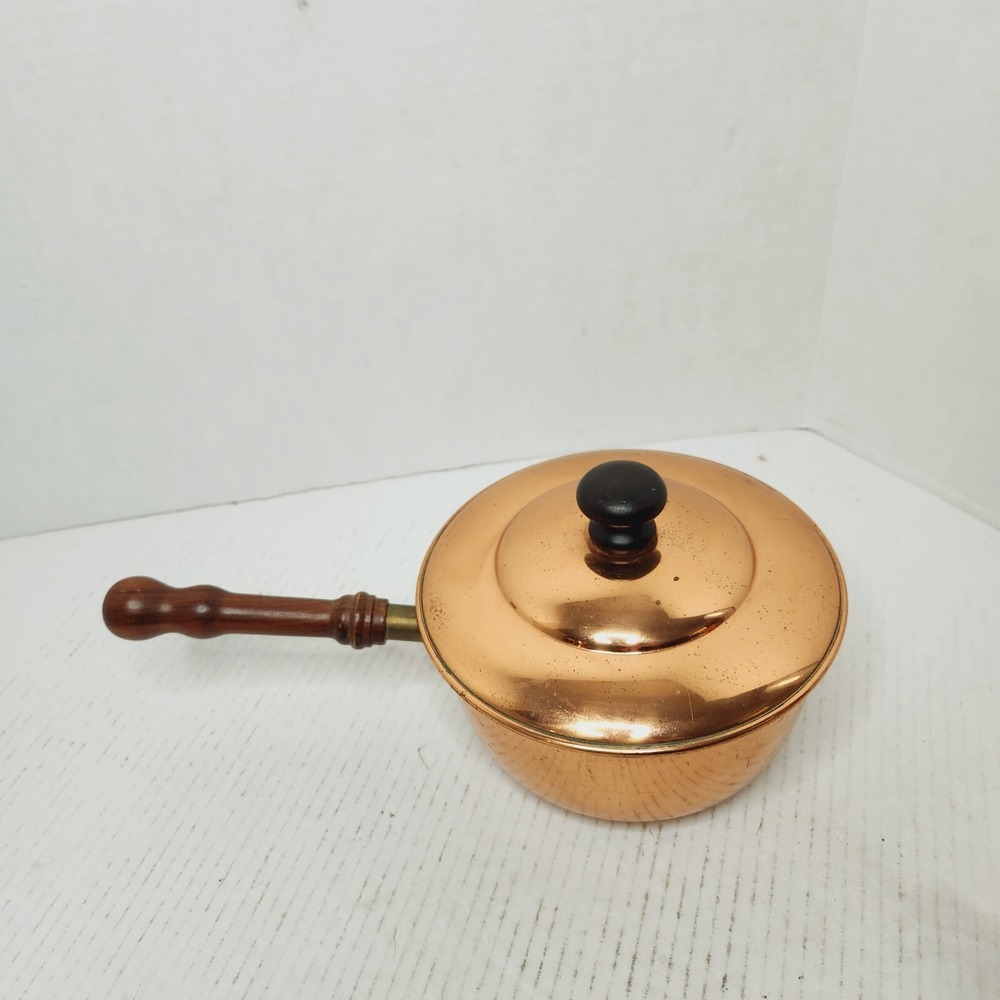 BONGUSTO Copper Sauce Pan/Pot Lid ITALY 7" Dia Covered Cooking TinLined VTG Wood - Picture 2 of 16